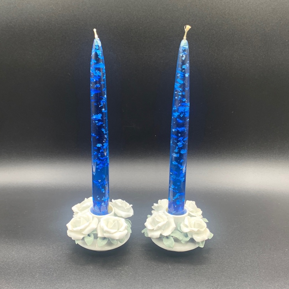 Beautiful Pair of Vintage White Porcelain Rose Taper Candle Holders